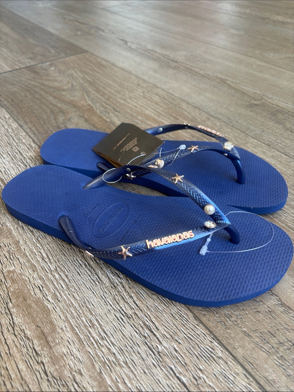 Havaianas Slim Luxury Aqua Blue Flip Flop Gold Starfish Pearls Shells Rhinestone